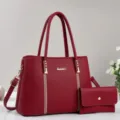 Rotes Leder Damen Handtasche Set stilvolle Umhaengetasche mit Geldbuerse für den Alltag. - Burgunderrot