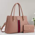 Elegant leather tote bag two-piece set with stylish color-blocking and durable shoulder strap. - Pink