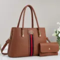 Elegant brown leather tote bag set with matching wallet, classic striped accent and double handles. - Earthy Yellow