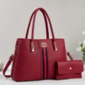 Rotes Damen Handtaschen Set aus Kunstleder mit Shopper und Geldbörse im schicken Stil. - Burgunderrot