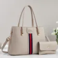 Elegantes beige PU Leder Handtaschen Set für Damen mit stilvollem Streifen-Design und Geldbörse. - Weiß