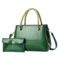 Green crocodile pattern patent leather handbag with gold handle and matching wallet set. - L 28cm W 13.5cm H 19.5cm Handle 14cm / Green