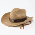 Chapeau de cowboy en paille tissée classique pour adultes, casquette de soleil extérieure stylée. - M (56-58cm) / Kaki