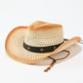 Classic western straw cowboy hat with gradient color, star studs and adjustable chin strap. - M (56-58cm) / Beige & Caramel