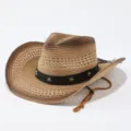 Close-up detail of the woven straw cowboy hat featuring a stylish gradient crown and star band. - M (56-58cm) / Khaki Coffee