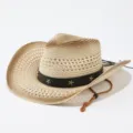 Close-up detail of the woven straw cowboy hat featuring a black star-studded band and cord. - M (56-58cm) / Beige Coffee