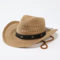 Western cowboy straw hat detail showcasing breathable mesh and star decorated leather band. - M (56-58cm) / Solid Khaki