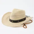Straw western cowboy hat with black leather band and stars for women men fashion sun. - M (56-58cm) / Solid Beige