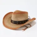 Detalle sombrero vaquero de paja, ala curvada degradada, tira de cuero con toro metal. - Adulto 57cm / Color Degradado 6