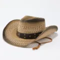 Vista detallada del sombrero de vaquero de paja tejida con banda de cuero y logo. - Adulto 57cm / Degradado 3