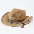 Amerikanischer Stroh Western Cowboyhut Sommer atmungsaktiv Sonnenschutz breite Krempe Outdoor - Erwachsene 57cm / Khaki