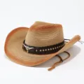 Detail van westerse strooien cowboyhoed met verlooprand en leren stierschedelband. - Volwassene 57cm / Gradiënt 4