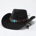 Cappello da cowboy western nero con fascia in pelle marrone e pietra turchese dettaglio - M（56-58cm） / Nero