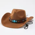 Detail view of brown suede western cowboy hat with turquoise stone leather band and chin cord. - M (56-58cm) / Brown