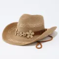 Cappello da cowboy in paglia bohémien da donna, cappello da jazz vintage con cintura in pelle. - M(56-58cm) / Cachi