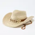 Cappello da cowboy in paglia da donna con fascia floreale e sottogola per estate. - M(56-58cm) / Beige