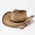Retro stro cowboyhoed voor heren, brede rand zomer zonbescherming westerse hoed met amulet. - M (56-58cm) / Khaki+Koffie