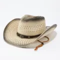 Detailopname van de western strohoed met hamsa metalen bedel en ademend opengewerkt patroon. - M (56-58cm) / Beige & Zwart