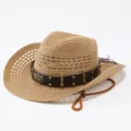 Vista dettagliata del cappello da cowboy in paglia traforata, tesa larga stile western. - M（56-58cm） / Kaki