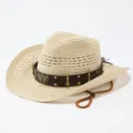 Cappello da cowboy in paglia beige con fascia in pelle marrone e stemma aquila per esterni. - M（56-58cm） / Beige
