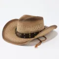 Vista dettagliata del cappello da cowboy in paglia traforata con fascia in pelle e metallo. - M(56-58cm) / Caffè Cachi