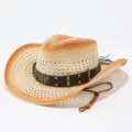 Cappello da cowboy in paglia traforata con tesa sfumata e cinturino in pelle elegante. - M(56-58cm) / Beige e caramello
