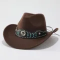 Brauner Wollfilz-Cowboyhut mit Lederband, Nuten, Strasssteinen und Stern-Emblem. - Erwachsene 57cm / Kaffeebraun