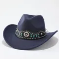 Wollfilz Western Cowboy Hut mit nietenbesetztem Lederband, blauen Strasssteinen und Stern. - Erwachsene 57cm / Marineblau