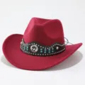 Dunkelroter Wollfilz-Westernhut Detailansicht, stilvoller Nieten- und Strass-Schmuck für Paare. - Erwachsene 57cm / Burgunderrot