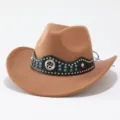 Brauner Wollfilz Western Cowboy Hut mit schwarzem Nieten-Strass Lederband und Stern. - Erwachsene 57cm / Khaki