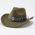 Modischer grüner Woll Cowboyhut mit Nieten und Strass Band Unisex Fedora Hut für Damen - Erwachsene 57cm / Armeegrün
