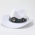Weißer Wollfilz-Western-Cowboyhut mit schwarzem Lederband, Nieten und blauen Strasssteinen. - Erwachsene 57cm / Weiß