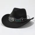 Schwarzer Wollfilz Western Cowboy Hut mit Strass Nieten, Stern und verstellbarer Kordel. - Erwachsene 57cm / Schwarz