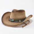 Detail shot of a brown gradient straw cowboy hat featuring a colorful beaded band and fringe. - Adult 57cm / Gradient 3