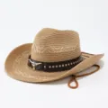 Gedetailleerde opname van de western strohoed met bruine lederen band en stierschedel. - M (56-58cm) / Khaki