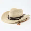 Western strohoed detail met stierenkop embleem, brede rand en stijlvolle bruine band. - M (56-58cm) / Beige