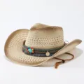 Zomer strooien cowboyhoed met etnische kralenband en kinband voor buitenzonbescherming - Volwassene 57cm / Gradiënt 5