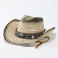 Zomerse strooien cowboyhoed met verlooprand, kleurrijke kralenband en kinband. - Volwassene 57cm / Gradiëntkleur 6