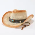 Gradient straw cowboy hat with bohemian beaded band and hollow design for summer sun protection. - Adult 57cm / Gradient 1