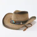 Detailed view of western straw hat, hollow woven design, colorful beaded decorative band, sun hat. - Adult 57cm / Gradient Color 2