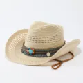 Zomer geweven stro cowboyhoed met kralen kwastjes ademende zonbescherming strandhoed - Volwassene 57cm / Beige
