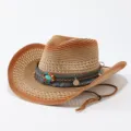 Close-up detail of the woven straw cowboy hat featuring colorful beaded trim and fringe band. - Adult 57cm / Gradient 4