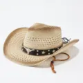 Westerse strohoed detail, stierenkop klinknagels en lederen band voor zonnige dagen. - M (56-58cm) / Beige Koffie