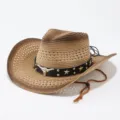Gedetailleerd overzicht van de prachtige western strohoed met metalen stierenkop en leder. - M (56-58cm) / Kaki Koffie