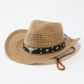 Gedetailleerd uitzicht op een western strohoed met metalen stierenschedel en sterren voor de zomer. - M (56-58cm) / Effen Khaki