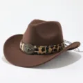 Brown wool cowboy hat western jazz hat with leopard print band and vintage metal bull skull buckle. - Adult 57cm / Coffee