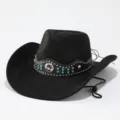 Detail view of men's wide brim black leather cowboy hat with rhinestone star band. - M (56-58cm) / Black