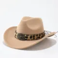 Khaki wool felt western cowboy hat featuring leopard print band and vintage metal bull skull decor. - Adult 57cm / Camel