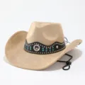 Men western cowboy hat faux suede wide brim sun hat with studded black band and chin strap. - M (56-58cm) / Camel