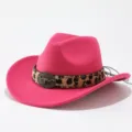 Close-up of the stylish pink felt cowboy hat with leopard print band and metal bull skull decor. - Adult 57cm / Rose Red